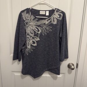 Alfred Dunner Women's 3/4 Sleeve Navy White Stripe Embroidered Design Shirt Sz S